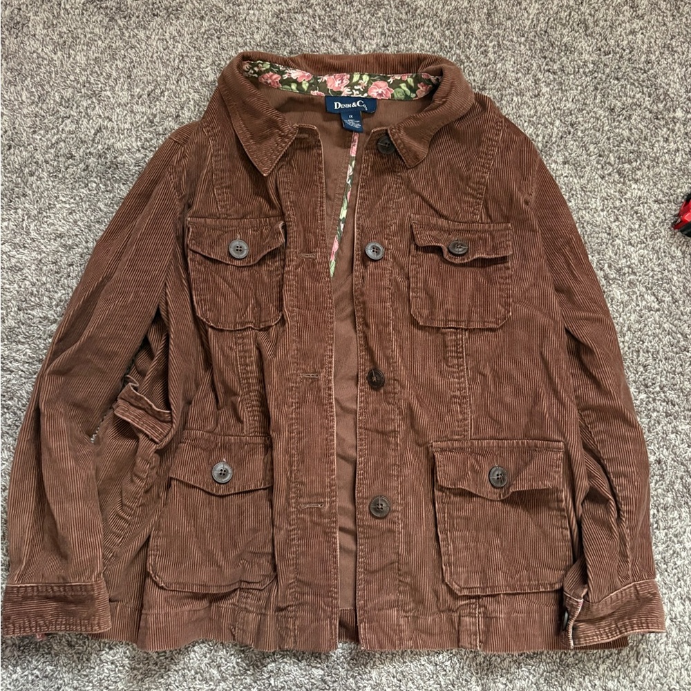 Denim&Co Brown Corduroy Jacket with Floral Trim